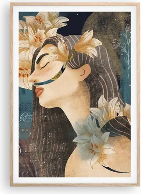 Produktbild von Gerahmtes Poster - Rahmen in heller Eiche - Surreal Frau Blumen - 70x100 cm - Wand Bild - Wanddeko - Wandbilder - Kunstposter - Wandposter - Bilderrahmen - Bilder - Kunstdruck - P2NPA70x100-4743