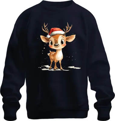 Produktbild von Weihnachtsrentier Aquarell Süß Santa Hut Geschenk Kinder Niedlich Uni Sweatshirt Pullover, Navy, M