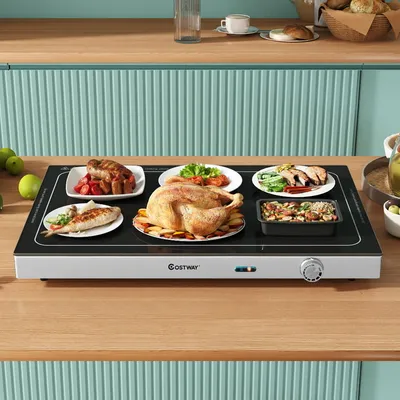 Produktbild von COSTWAY 56,5x37 cm Warmhalteplatte elektrisch, Speisewärmer mit Gehärteter Glasoberfläche&Thermostat bis 120℃, Warmhaltegerät Buffetwärmer Edelstahl