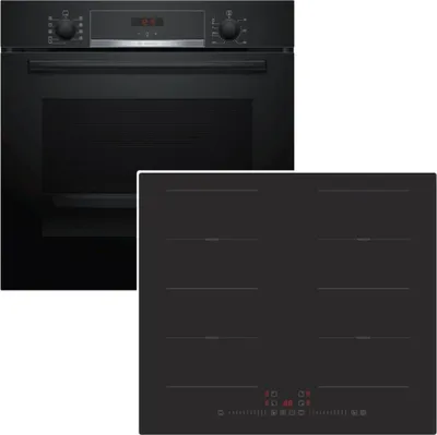A black oven and a black induction cooktop are shown together against a white background.