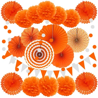 Produktbild von Party Dekoration Set - Papier Pompoms Fächer Wimpel und Glitter Girlande - Orange - Mehrteilig