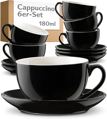 Produktbild von Cosumy Cappuccino Tassen Set 6er mit Untertassen – Kaffeetassen Keramik Schwarz