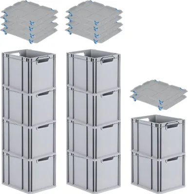 Produktbild von SparSet 10x Eurobox NextGen Grip mit Auflagedeckel inkl. 4 blauen Schiebeschnappverschlüssen | HxBxT 32x30x40cm | 30 Liter | Grau | Griffe offen | Glatter Boden | Eurobehälter, Transportbox, Transportbehälter, Stapelbehälter