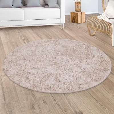 Image de Tapis à poils longs Salon Tapis en fourrure synthétique Shaggy Douillet Beige Crème Taille 80 cm Rond