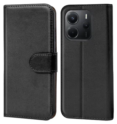 A black flip case for a smartphone is shown, with the front cover closed on the left and the back cover open on the right, revealing the phone's camera module.