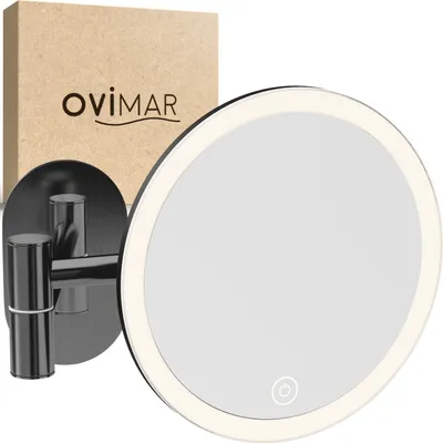 Produktbild von ovimar Kosmetikspiegel Ringstind gunmetal | mit Beleuchtung | wiederaufladbar | Wandmontage ohne Bohren | im Badezimmer | 5fach Vergrößerungsspiegel | Schminkspiegel mit Licht | 360 Grad Spiegel
