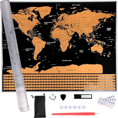 Obrázok produktu pre Stieracia mapa sveta Stieracia mapa s vlajkami s príslušenstvom 82x59cm Mapa Stieracia mapa sveta Veľká stieracia mapa Nástenný plagát Zlatá Retoo