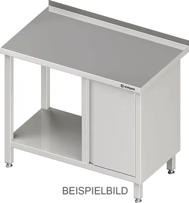 Produktbild von Arbeitstisch mit Grundboden, 1100x600x850 mm, mit Flügeltürschrank rechts, ohne Aufkantung, verschweißt