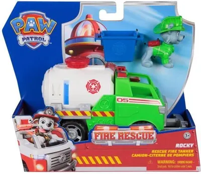 Zdjęcie produktu dla Figurka Rocky, Wóz Strażacki z Bakiem i Szczypcami, Fire Rescue, Psi Patrol, Camion Citerne 15 cm, Figurka Strażaka w Zestawie