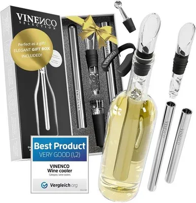 Produktbild von Kompaktes 3-in-1 Weinkühler Set mit RVS-Weinkühlstab, Kapselschneider und Ausgießer für schnelles Kühlen