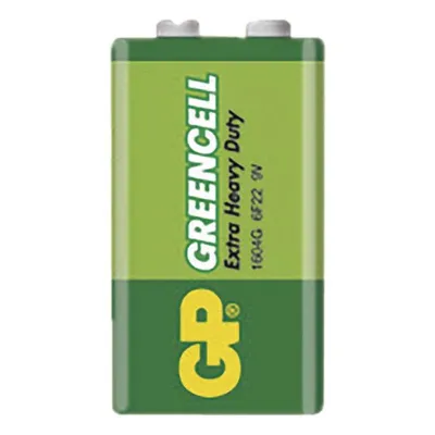A single 9V battery with green and dark green labeling.