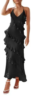 Produktbild von Damenkleid, Chiffon-Unterkleid, rückenfrei, mit Falten und Quasten.