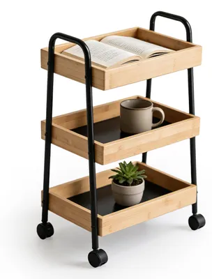 Servierwagen 3 Ebenen Bambus Metall natur/schwarz 73x45,5x28 cm