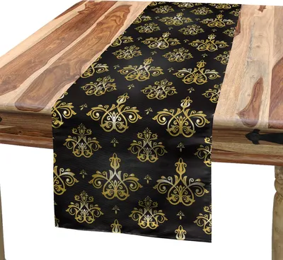 Produktbild von ABAKUHAUS Gelbes Damast Tischläufer, Royal Venetian Style Floral Ornament mit stilisierten Blättern Stängel, 40 x 180 cm, Koksgraue und Gelb