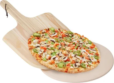 Produktbild von Knusprige Pizza mit Schamotte-Pizzastein und Holzbrett