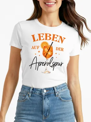 Produktbild von Damen T-Shirt Spruch - Aperolspur - Kostümidee Mädelsabend  JGA Mottoparty Fasching Karneval After Work Party Moonworks®