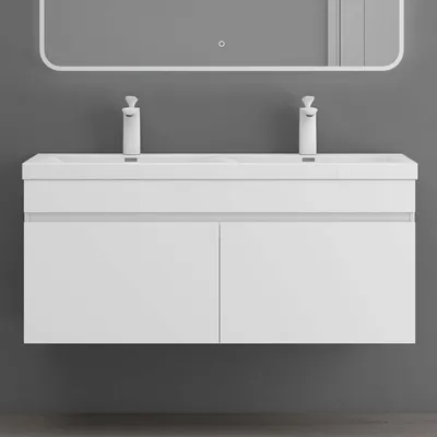 Produktbild von doporro Badmöbel-Set Matt Weiß Waschbecken-Unterschrank Badezimmerschrank Mineralguss Waschplatz 120x48x55cm inkl. Waschbecken Wandmontage Botanica