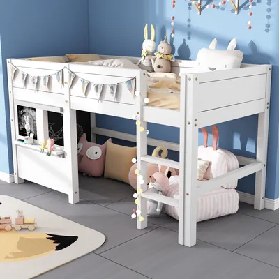 Produktbild von Hochbett, Kinderbett mit Lattenrost und Leiter, 90x200 cm, Holzbett aus Kieferholz, Einzelbett mit Rausfallschutz