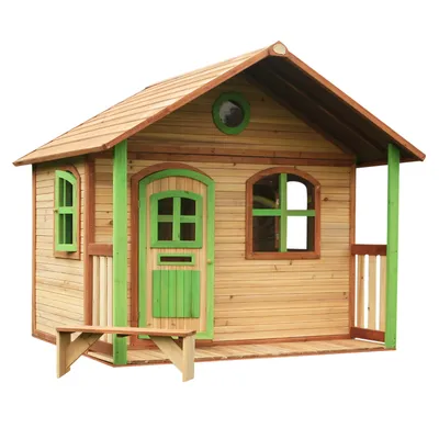 Produktbild von AXI Spielhaus Milan aus  Holz | Outdoor Kinderspielhaus mit Veranda für den Garten in Braun & Grün | Gartenhaus für Kinder mit Fenstern