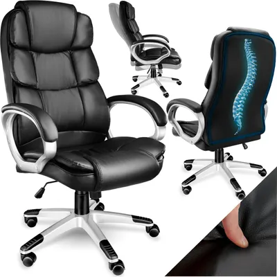 Multiple views of a black executive chair with silver accents displayed on a white background.