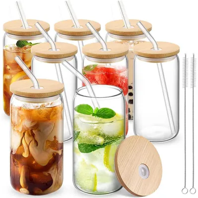 Productafbeelding van Glazen bekers met rietje en deksel, 500 ml, set van 8, van borosilicaatglas, geschikt voor ijsthee, smoothies