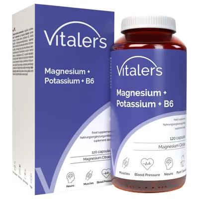 Immagine prodotto di Vitaler's Magnesio 100 mg + Potassio 150 mg + Vitamina B6 6 mg – 120 capsule, vegano, 4 mesi di assunzione