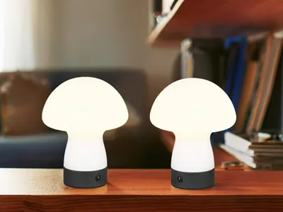 Produktbild von 2er SET kleine kabellose Akku Tischlampen aus Glas Weiß, Pilzlampe Höhe 18cm