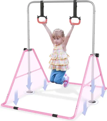 Produktbild von TRMLBE Reckstange Kinder Turnen Gymnastikstange Turnreck Höhenverstellbar mit 2 Turnringe Faltbarer Turngeräte für Kinder Indoor Sportgeräte, Rosa