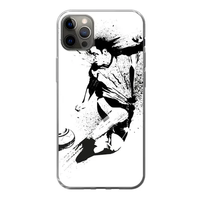 Produktbild von MuchoWow® Handyhülle Schutzhülle Hülle für iPhone 12 Pro Max Eine Illustration einer Person, die einen Fußball in Richtung Tor schießt - Jungen - Junge - Kind Silikon Softcase Handy Hülle - Hartschale