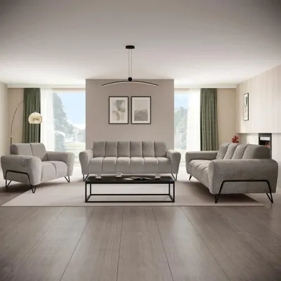 Produktbild von Polsterset VOLARE - Moderner Sitzgarnitur - Sessel + Sofa 2-Sitzer & 3-Sitzer - Chenille Storm in Kühles Beige, dekorative schwarze Metallbeine