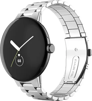 A close-up studio shot of a smartwatch with a metal band.