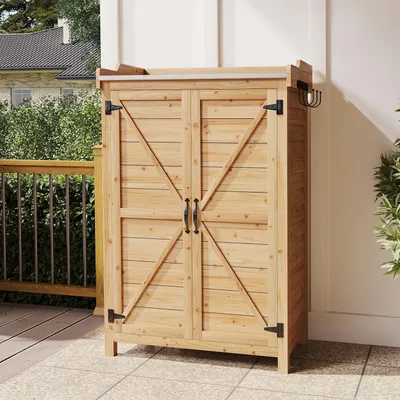 Immagine prodotto di Armadietto da giardino in legno, con doppia porta, ganci laterali e ripiano regolabile, dimensioni 64 x 40 x 95 cm, colore burlywood