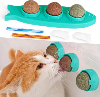 Produktbild von Katzenminze Balls für Katzen, Drehbares Leckerli Spielzeug für Katzen, Natürliches Zahnreinigung Dental Kätzchen Kauspielzeug, Katzenminze Wandspielzeug für Katzenkätzchen,Blau