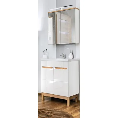 Produktbild von Badmöbel Waschplatz Set mit 60cm Waschtisch & LED-Spiegelschrank SOLNA-56 in Hochglanz weiß, B/H/T ca.: 60/200/46 cm
