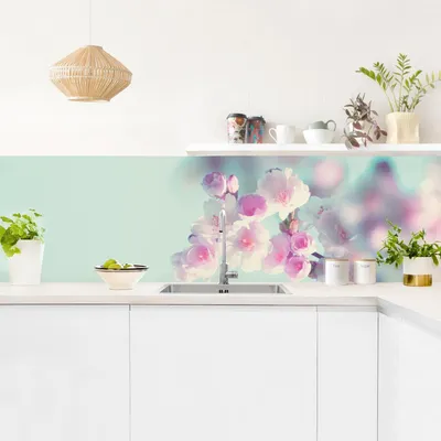 Produktbild von Küchenrückwand Blumen selbstklebend - 0.65 mm Wandpaneel wasserfest Kirschblüte rosa Motiv Spritzschutz fugenlos