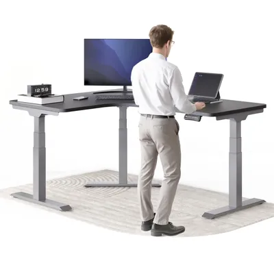 Produktbild von DESKSPACE CORNER Schreibtisch, Elektrisch höhenverstellbar, 160 x 130 x 70 cm, Schwarze Tischplatte, Graues Gestell