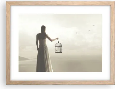 Produktbild von Gerahmtes Poster - Rahmen in heller Eiche - Frau Käfig Vogel - 40x30 cm - Wand Bild - Wanddeko - Wandbilder - Kunstposter - Wandposter - Bilderrahmen - Bilder - Kunstdruck - P2NAA40x30-4787