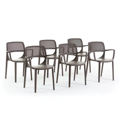 Produktbild von Set aus 6 Stühlen mit Armlehnen aus harzverstärktem Glasfaserharz, klassisches Design, stapelbar für Garten, Bar, Restaurant, Küche – Erika – Taupe