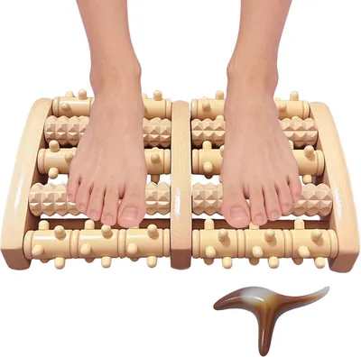 Produktbild von Fußmassagegerät 2-in-1: Holzfußmassagegerät mit 108 Reflexzonen und Massageaufsätzen, Fußmassage-Rolle und Bereichen zur Reflexzonenmassage