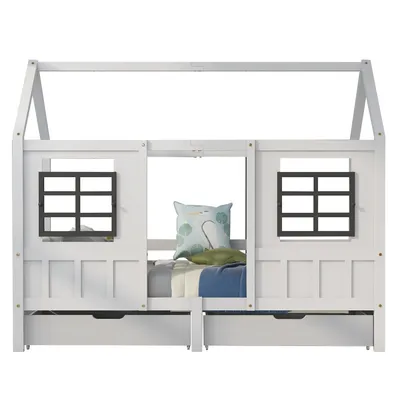 Obrázek produktu pro MODFU dětské postele 90x200cm domácí postel jednolůžko postele pro mládež bez matrace se 2 okny, rám z borovice, MDF