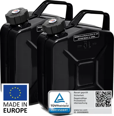 Produktbild von BW® Kraftstoffkanister Metall Benzinkanister 2x 5 Liter mit Schraubverschluss - Schwarz RAL 9005 - UN-Zulassung - Hergestellt in Europa