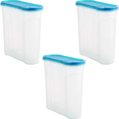 Three clear plastic storage containers with blue lids are arranged in a triangular formation against a white background.