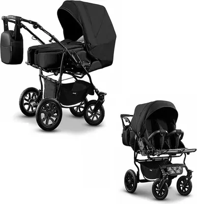 A collage of two black baby strollers on a white background.