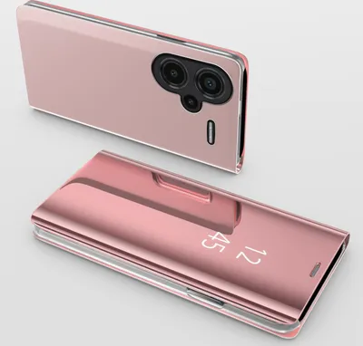 Two pink smartphone cases are displayed against a light gray background. One case is shown from the back, revealing the camera module, and the other is shown from the front with the flip cover closed.