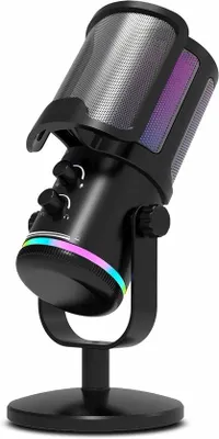 Immagine prodotto di Microfono USB per PC, PS4/5, streaming, Discord, Twitch, podcast e video, nero, a condensatore, funzione Quick Mute, indicatore RGB, fissaggio per sedia da ufficio, filtro anti-pop, controllo del volume