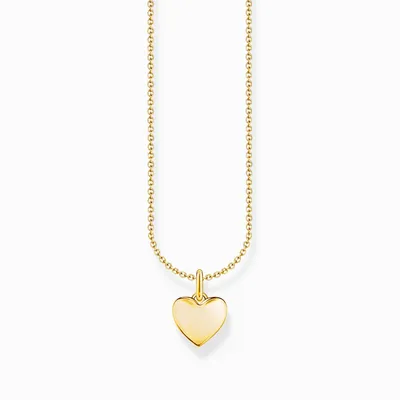 A gold necklace with a heart pendant on a white background.