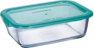 A clear glass food storage container with a teal lid.