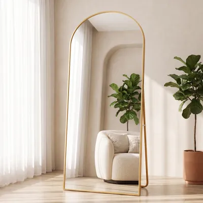 Produktbild von INONEFT 180 × 80 cm Schminkspiegel, Ganzkörperspiegel mit Metallständer, Standspiegel mit Aluminiumrahmen, gehärtetes Glas, gewölbt, goldfarben