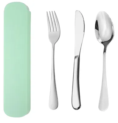 Image de Ensemble de couverts de camping en acier inoxydable - 3 pièces, comprenant un couteau, une fourchette et une cuillère