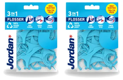 Image de 2 x Fil dentaire Jordan 3-en-1 – Fil dentaire, cure-dents et nettoyeur de langue – Pack avantageux – 2 pièces
